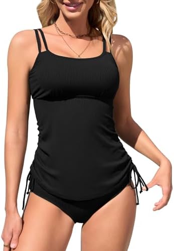 Two Piece Tankini Swimsuits for Women Ribbed Drawstring Tankini in Black