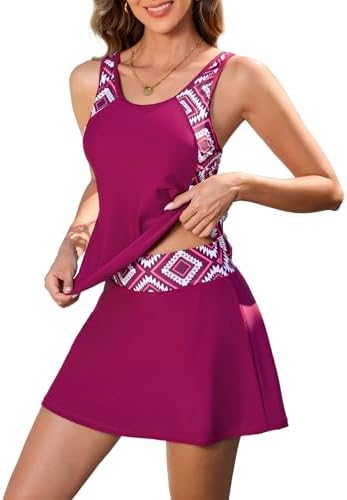 Two Piece Tankini Swimsuits for Women Tummy Control Bathing Suits in Printed Deep Red