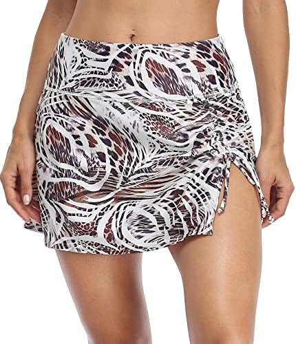Women High Waisted Swim Skirt Sporty Drawstring Skirted Bottom in Leopard