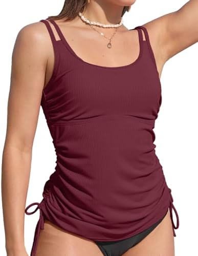 Women's Tankini Top Tie-Side Drawstrings Bathing Suit Top Ribbed in Wine Red
