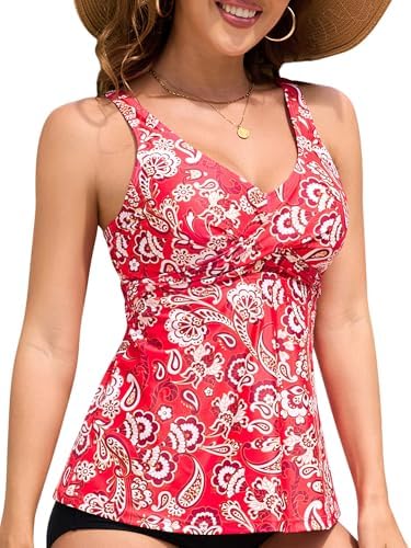 Womens Red Paisley Tankini Top Only Bathing Suit Top Swimsuit Top